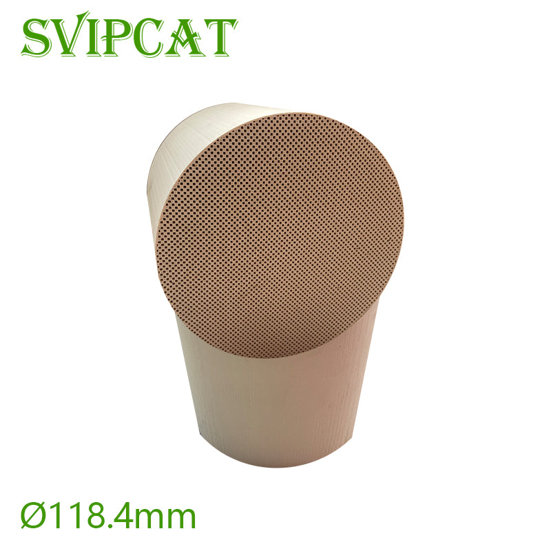 The 118.4mm diameter compact GPF gasoline particulate filter is shown in its entirety. It uses a 304 stainless steel housing and a 300-mesh ceramic carrier, meeting Euro 6D emission standards.